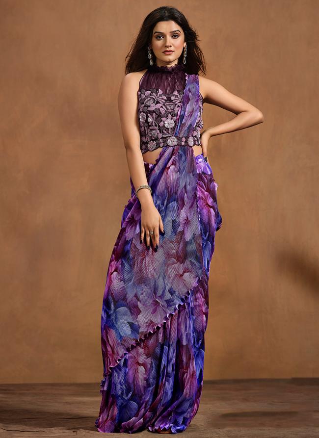 Pure Sattin Silk Violet Party Wear Printed Ready To Wear Saree